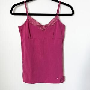 American Eagle Outfitters Y2K Pink Lace Trim Fitted Babydoll Tank Large 90s